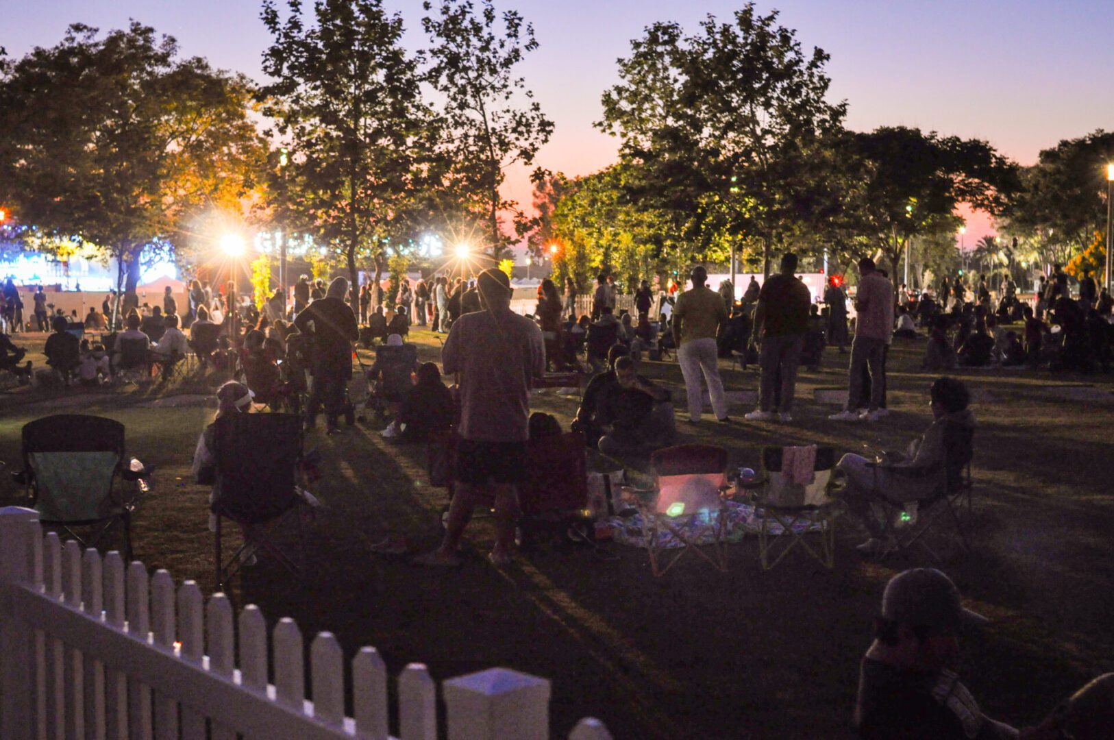 Outdoor gathering at sunset with trees and lights.