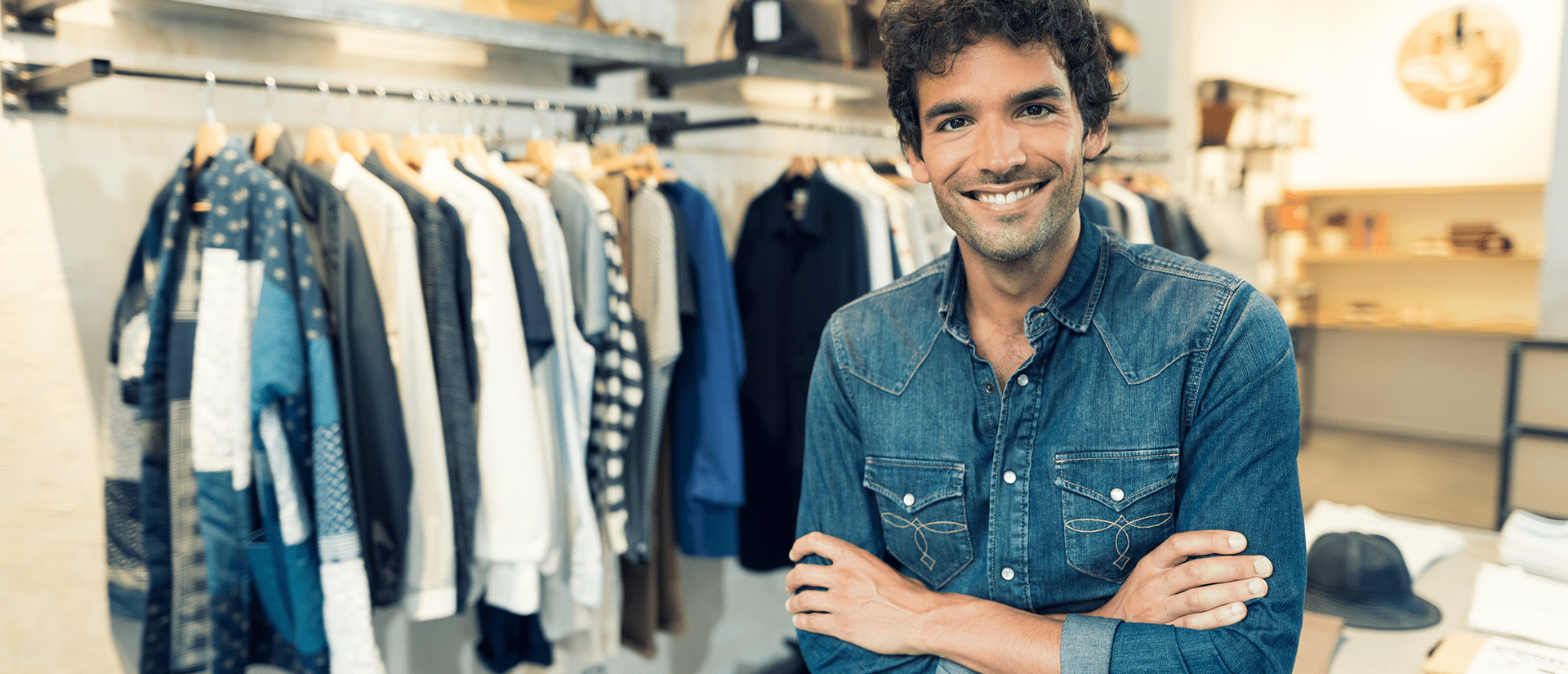 Man smiling in clothing store.